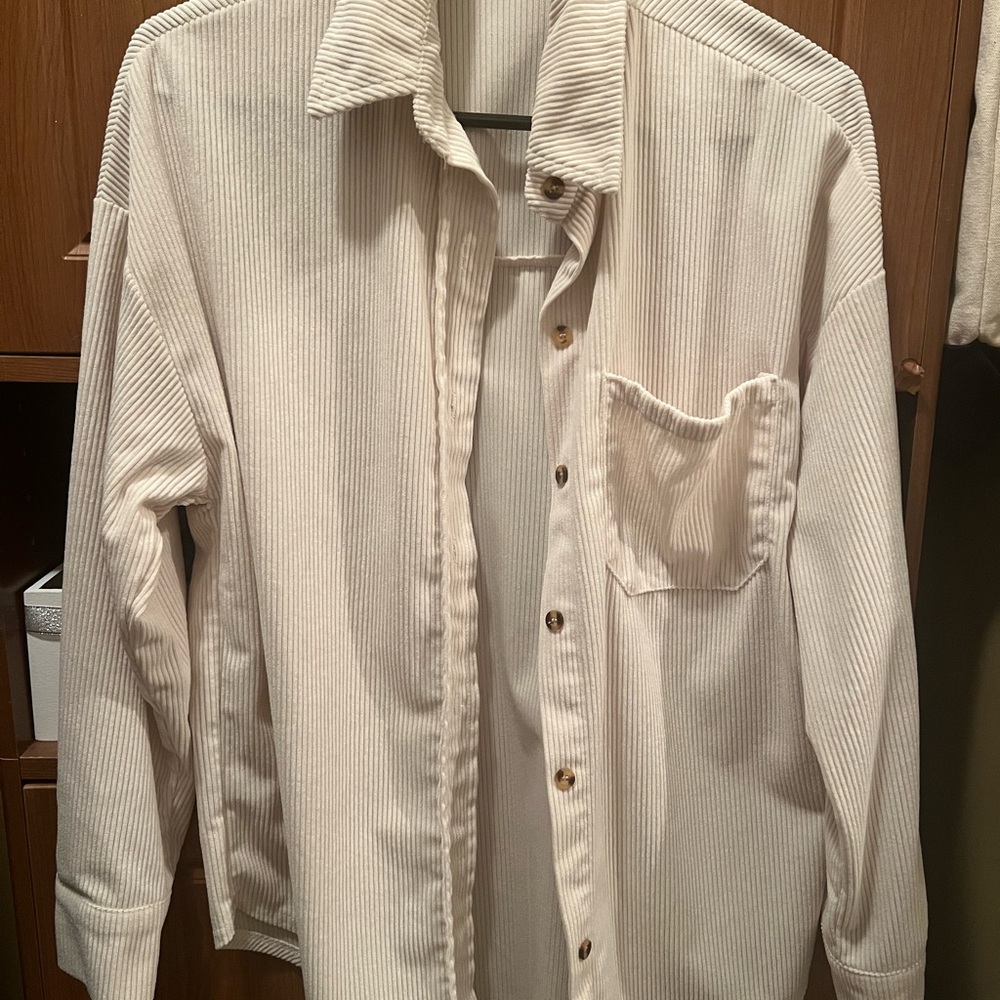 Striped White Button-Up Corduroy-Style Shirt